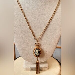 Vintage Victorian Revival Reversible Cameo Floral Tassel Necklace 33.57g